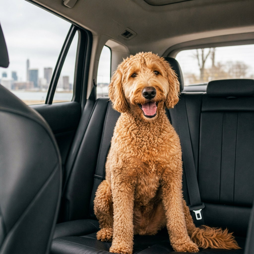 Happy Goldendoodle riding in a clean Solo Pet Go vehicle
